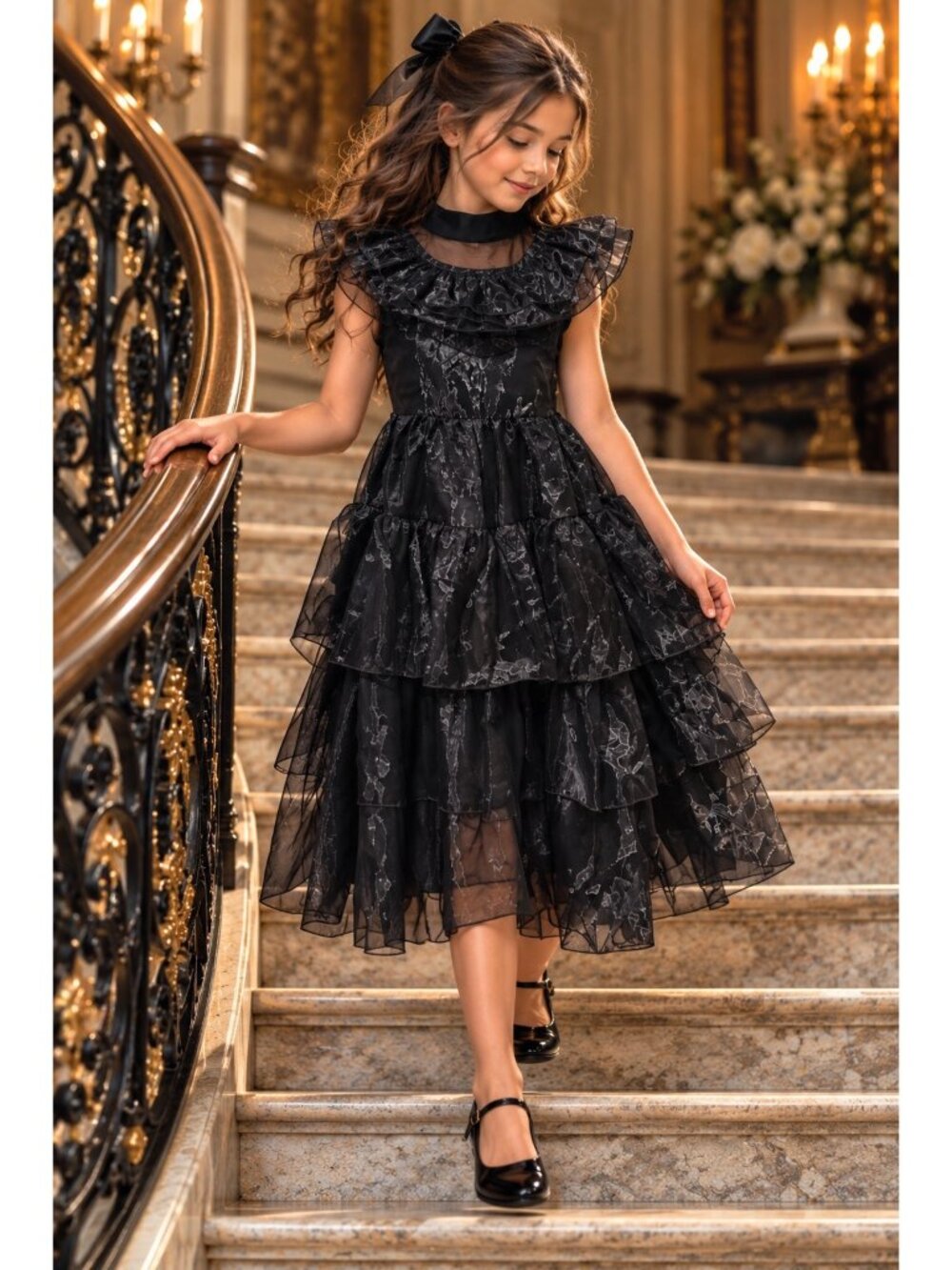 Girls 10 11 Black Gothic Tiered Organza Ruffle Victorian Special Occasion Dress